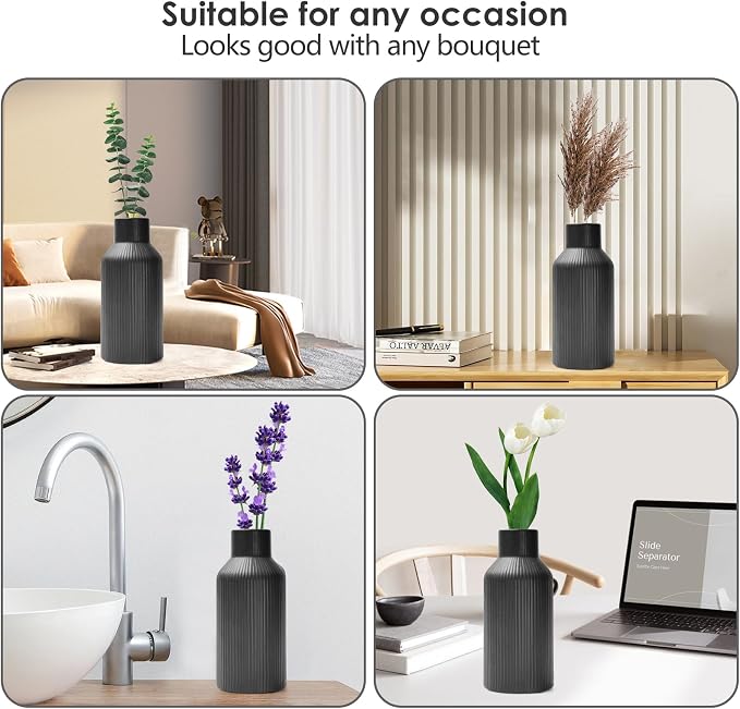 Bohemian Black Ceramic Vase - for Pampas Grass, Mantel, Bookshelf, Entryway and Living Room Decor (Black, 8in)