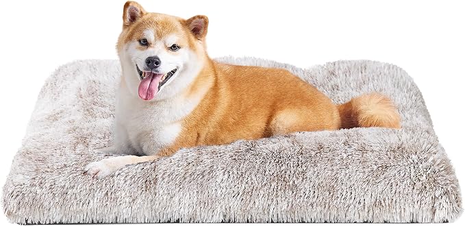 EHEYCIGA Fluffy Dog Crate Bed for Large Dogs, Plush Faux Fur Pad, Brown | Calming Anti Anxiety Large Dog Crate Bed, Washable Soft Warm Mat with Non-Slip Bottom