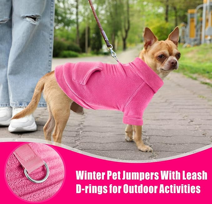 Idepet Fleece Sweater 1 Pack,Turtleneck Sweatshirt Pet Clothing | Winter Dog Clothes,Stretchy,Small Coat,Cat Apparel,with Leash Ring,for Small Medium Dogs Cats,with Pocket(Rose Red)