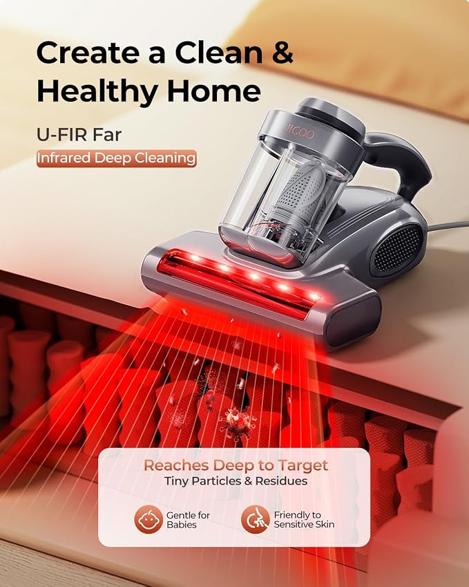 JIGOO J300 Pro Mattress Vacuum Cleaner, LED Sensor, Pet Hair, Infrared | Bed Vacuum Cleaner with 550W motor, 14Kpa suction, UV-C light and 140°F heat, U-FIR infrared, ultrasonic, fragrance