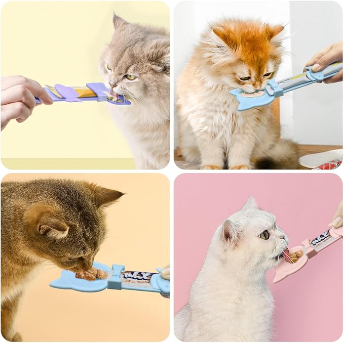 Idepet 4 Pcs Cat Strip Feeders Spoon,Cute Cats Treat Squeeze Spoons Pet Food Mixing Spoon Multifunctional Lickable Treat Feeding Dispenser for Cat Liquid Snack and Wet Food(Bule&Pink&Purple)