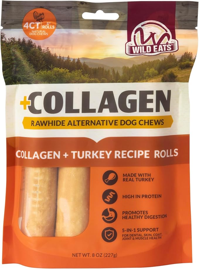 Wild Eats Turkey Flavor Collagen Cheek Rolls 5" 4pk, Pig Ear Substitute | Long lasting treats and bones for medium dogs, retriever style texture, 4 per bag, satisfies natural gnawing urges daily