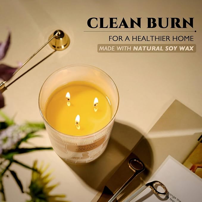 HomeLights Large jar Candle | 3-Wick Long-Lasting Scented Candles, 34oz Natural Soy Wax Candle for Home Scented, Rustic Modern Gifts for Women & Men, Salted Caramel