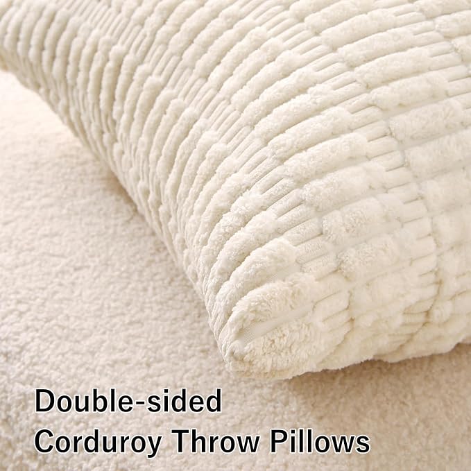 2 Pack Corduroy Decorative Throw Pillow with Inserts, 20x20 Inch Soft Boho Throw Pillow, Square Striped Throw Pillows for Couch, Bed, Sofa Decor (Beige)