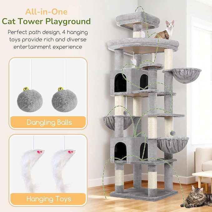 Globlazer Extra Large Cat Tree Tower, 82in Tall Heavy Duty Cat Tree for Indoor Cats Large Adult Big Cat Tower with 8 Scratching Posts, 2 Cat Condos, 2 Top Perches, 3 Hanging Baskets, S82, Light Grey
