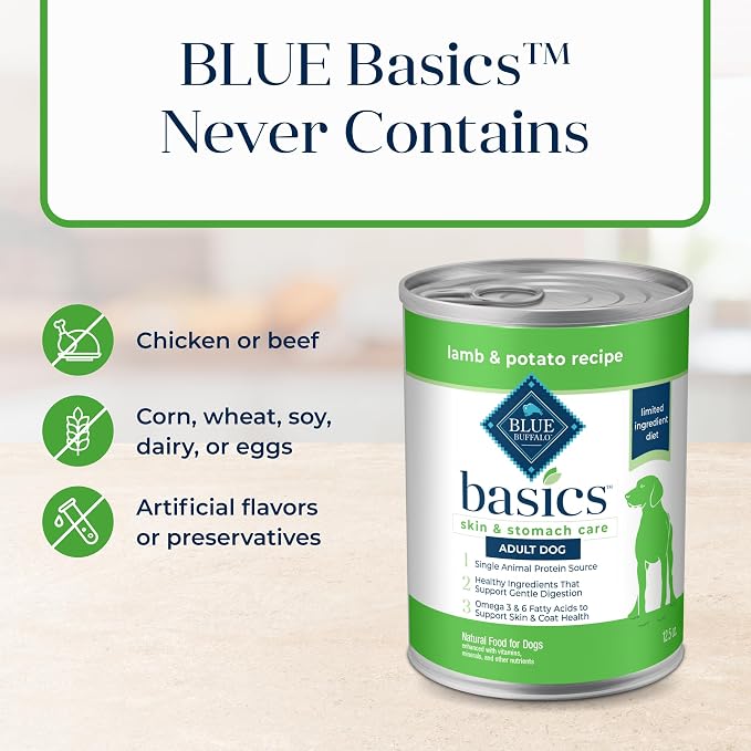 Blue Buffalo Basics Lamb Adult Grain-Free Wet Dog Food, 12.5 oz, 12 ct | Skin & Stomach Care, Real Lamb #1 Ingredient, Limited Ingredient Diet, Antioxidant-Rich LifeSource Bits, Skin & Coat Health