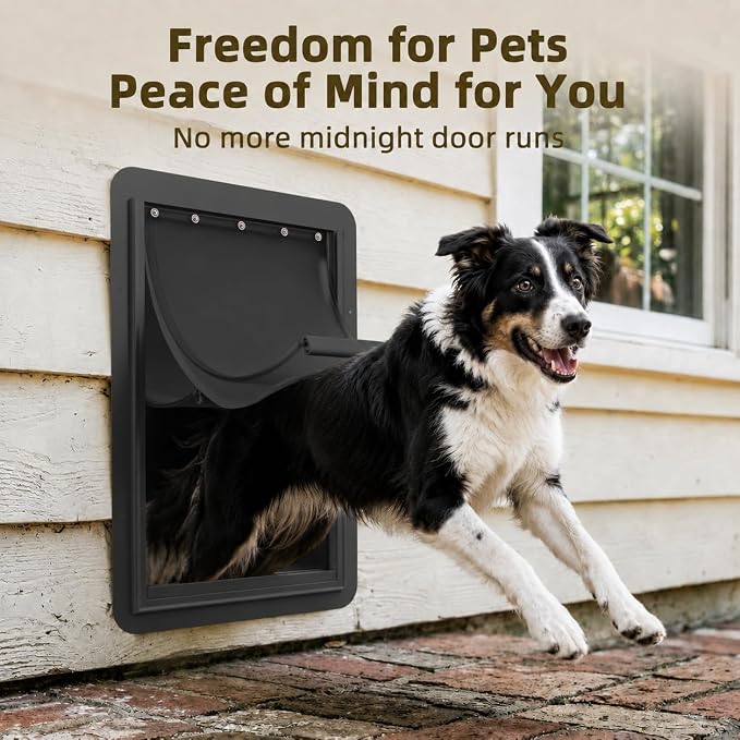 URSPET Large Dog Door for Wall, 3-Flap Insulated, Steel Frame, Black | 10.25 x 16.25 in Usable Opening, For 4.3-7.8 in Walls, Compatible with PetSafe Wall Cutouts, Lock Panel, Replaceable Flaps