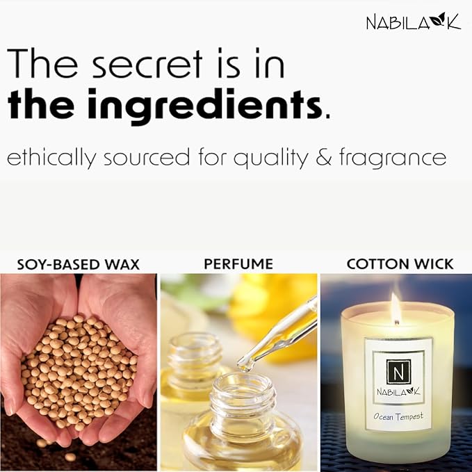 Nabila K – Ocean Tempest - Soy-Based Candle – Rose, Honeysuckle, Sweet Musk, Amber - Hand-Poured - Cotton Wick - Aromatherapy Candle w/Essential Oils - Made in USA - 14 oz