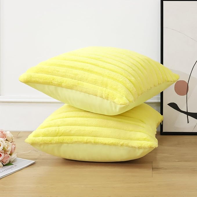 Soleebee Set of 2 Throw Pillow Covers Soft Cozy Velvet Pillowcase Faux Rabbit Fur Cover for Couch Sofa Bed Chair Home Decorative Pillows Cover (24x24 Inch, Lemon Yellow)