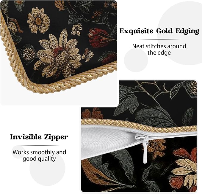 Black Boho Vintage Flowers Velvet Pillow Covers 16x16 Inch Retro Art Brown Floral Throw Pillows for Couch Cushion Covers Pillowcase Farmhouse Bohemian Pillow Cases for Sofa Bed Bedroom