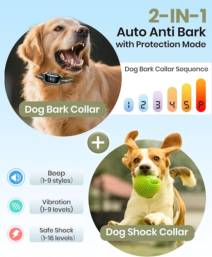 2-in-1 Bark Shock Collar 2 Pack - Smart Anti Barking Dog Training Collar with Beep/Vibration/Shock/Anti Bark 4 Modes, 3300FT IP67 Waterproof E Collar with Remote for Small Medium Large Dogs(8-120lbs)