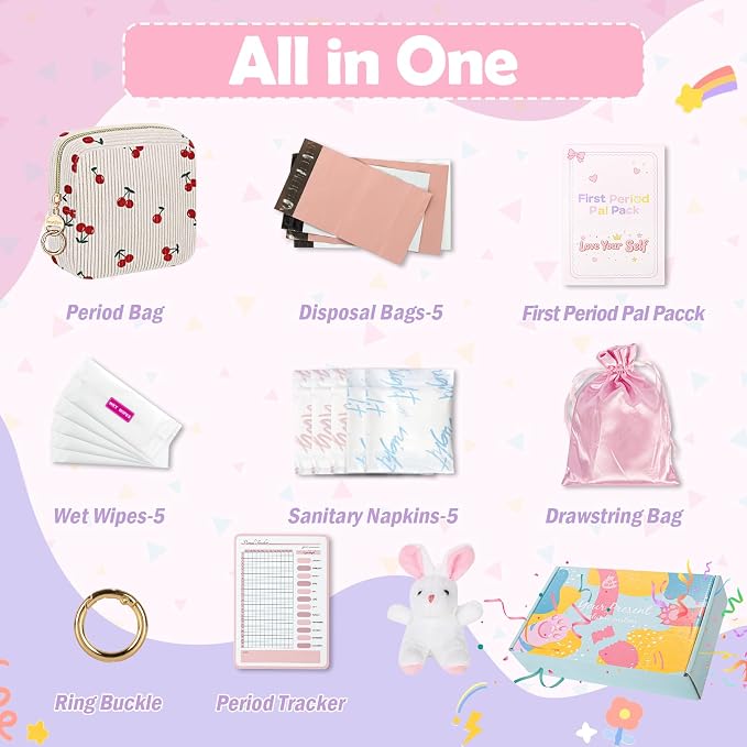 First Period kit for Girls, Corduroy Cute Sanitary Napkin Storage Bag, Menstrual Pad Bag Tampon Holder for Purse, First Period Gifts (Cherry-Beige)