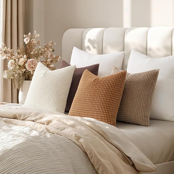 MIULEE Fall Decorative Throw Pillow Covers 20x20 Inch Set of 4 Brown | Modern Natural Rustic Throw Pillows, Warm Neutral Soft Corduroy Pillowcases, Home Decor for Sofa Living Room Bed
