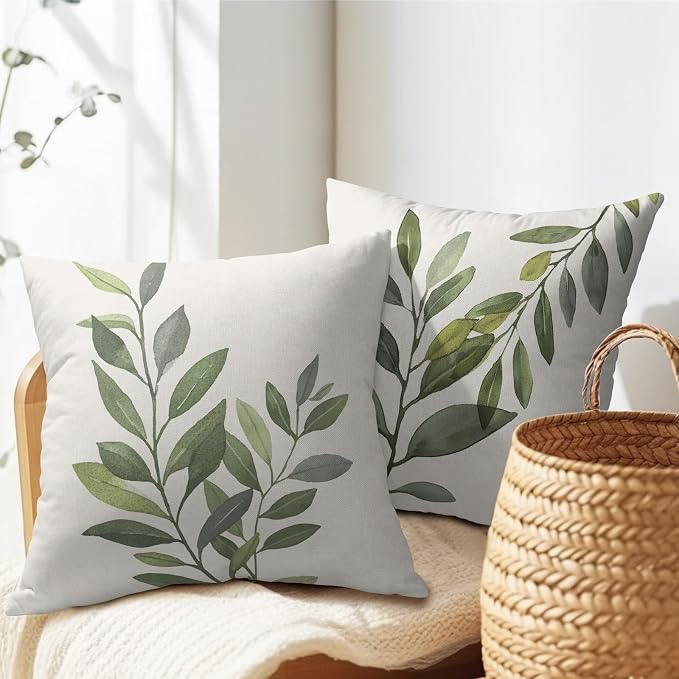 Kawani Olive Leaves Throw Pillow Covers 18x18 Inch, Set of 2 Botanical Plant Green Leaf Rustic Pillowcase Cotton Linen Square Cushion Cover for Sofa Couch Patio Porch Indoor Outdoor Decor