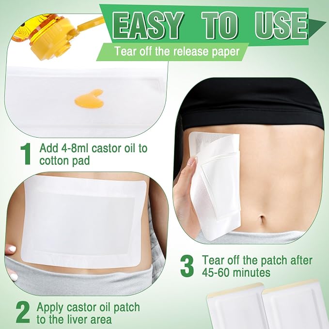 Geiserailie 50 Pcs Castor Oil Pack Wrap Bulk Disposable Leak Proof Organic Cotton Castor Oil Patches Self Adhesive Pads for Belly Waist Stomach Knee Back Neck Arm(7.9 x 5.5 Inches)