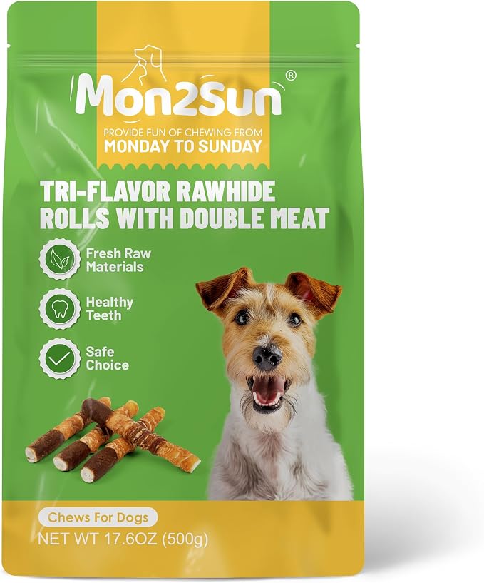MON2SUN Dog Treats, 6 Inch Triple Flavor Wrapped Rawhide Rolls, 17.6 oz | 10 Count, Chicken Liver, Duck and Chicken Recipe, Teeth Cleaning Chews, Sized for Medium Dogs