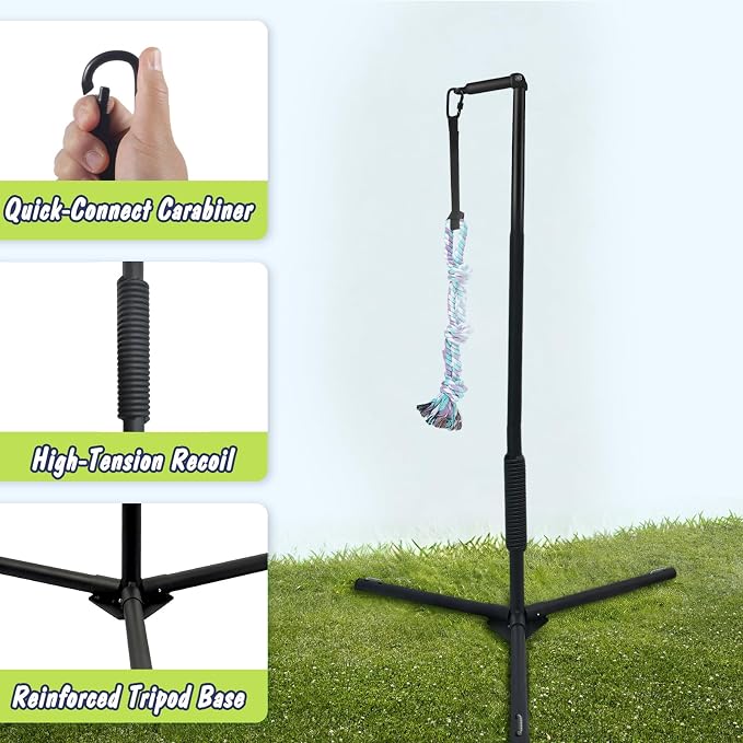 Unidevice Outdoor Tug of War Dog Toy with Reinforced Tripod Base - Heavy Duty Iron 360° Interactive Tether Tug Toy for Backyard Solo Play - Adjustable Spring Pole Rope System for All Breeds