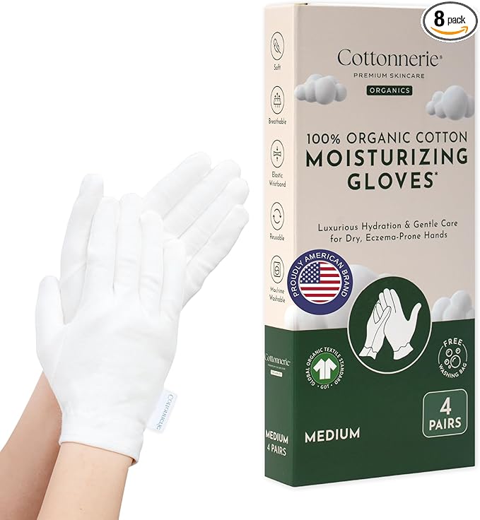 4 Pairs Cottonnerie Organic Cotton Gloves for Dry Hands Sleeping, Moisturizing Gloves Overnight, Hand Moisturizer Gloves, Moisture Gloves for Dry Hands Overnight, Sleeping Gloves, Medium