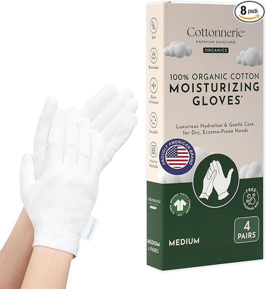 4 Pairs Cottonnerie Organic Cotton Gloves for Dry Hands Sleeping, Moisturizing Gloves Overnight, Hand Moisturizer Gloves, Moisture Gloves for Dry Hands Overnight, Sleeping Gloves, Medium