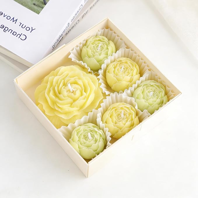 Flower Candles, Scented Floral Candle Rose Peony Shaped (Green) | 6-Pack Handmade Aromatherapy for Spa Party Wedding Home Decor