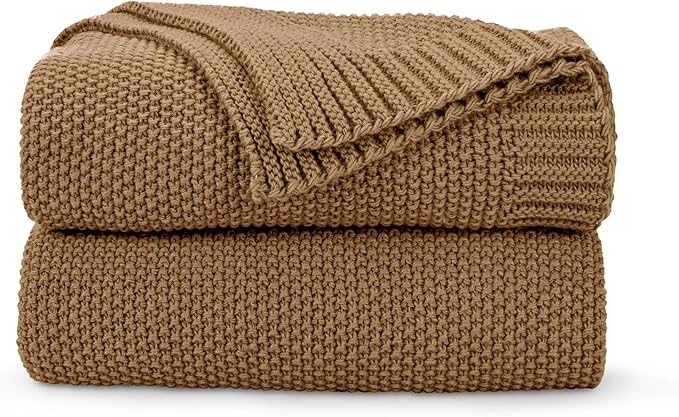 CozeCube Caramel Brown Seed Stitch Throw Blanket 50"x60", Farmhouse Decor | Blanket for Couch, Soft Cozy Cable Knit Throw for Bed Sofa Living Room, Lightweight Warm Decorative Christmas Blanket