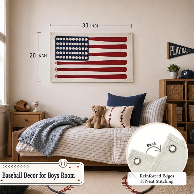 Vintage Sports Baseball Wall Art Decor Canvas Banner | Retro Baseball Wall Decorations for Boys Room Nursery Bedroom Playroom, Base Ball Bat American Flag Banner, 30x20 in