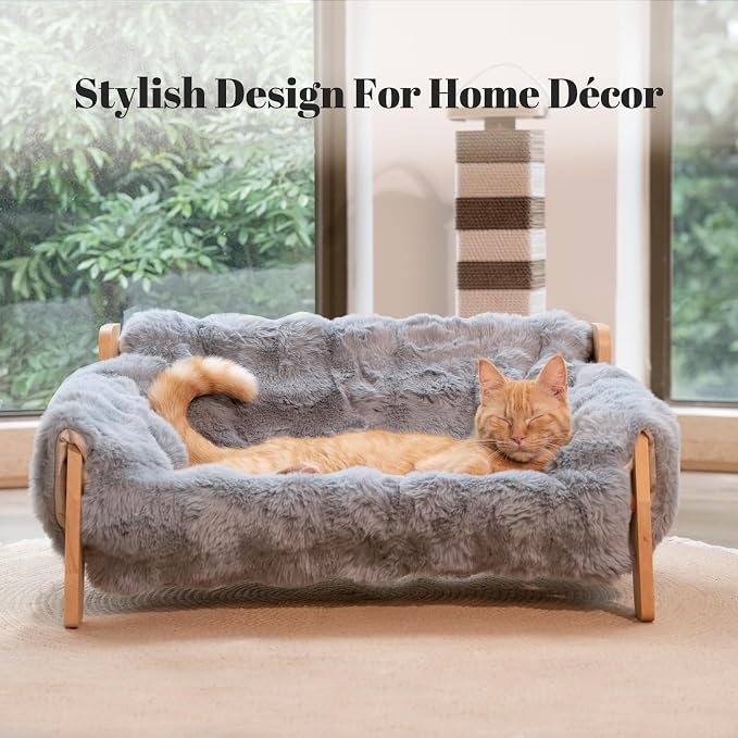 Elevated Cat Couch Bed Wooden Raised Kitty Sofa Lounge Chair | Washable Fluffy Cover Wooden Elevated Pet Furniture for Indoor Cats and Puppy(Dark Grey)