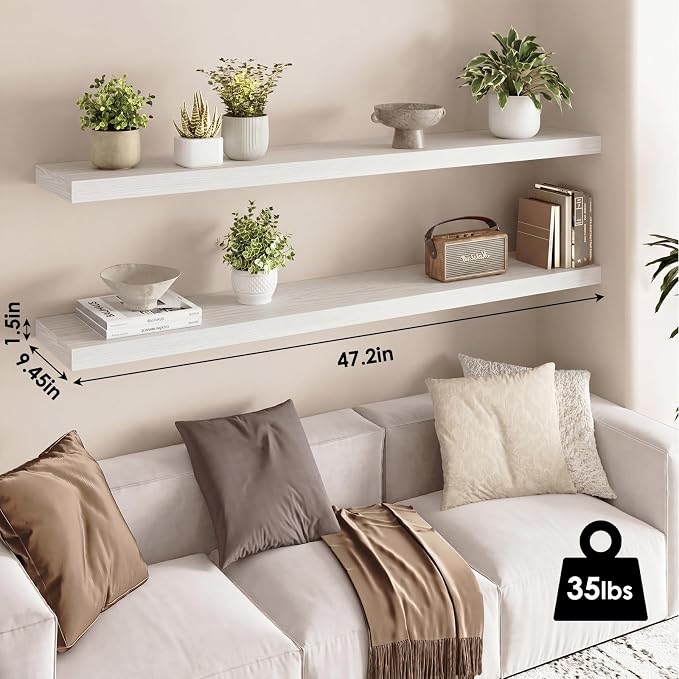 Fixwal Floating Wall Shelves for Decor (White, Set of 2, 47.2Inch) | MDF Shelf with Metal Brackets, Space Saving for Books , Decor, Fits Bathroom, Kitchen, Bedroom, or Office