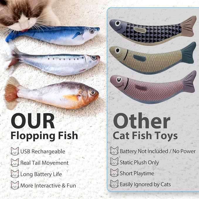 Cat Toys Flopping Fish 3 Pack Rechargeable Interactive for Indoor Exercise