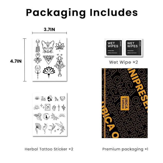 Semi Permanent Tattoos, 2 Sheets Tiny Cute Cat Panda Fairy Lotus Moon Temporary Tattoos for Women Fingers Neck Hand Ankle, 2 Weeks Fake Tattoos, Waterproof & Non-Reflective
