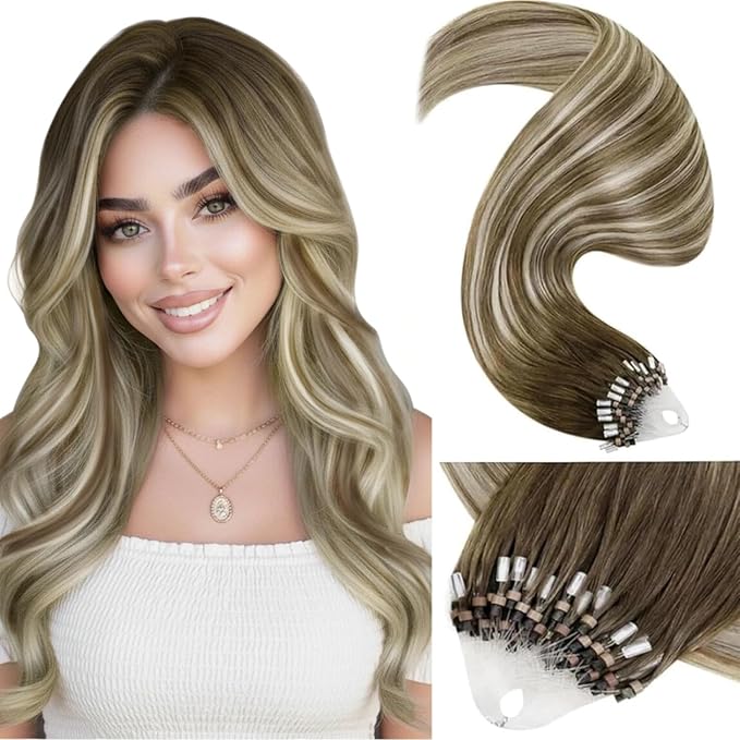 LaaVoo Microlink Hair Extensions Balayage Micro Loop Hair Extensions Real Human Hair Ombre Ash Brown Fading to Platinum Blonde 50g/50s 22inch
