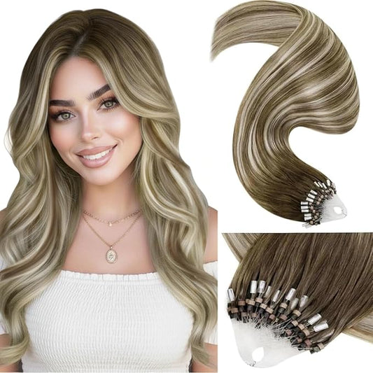 LaaVoo Microlink Hair Extensions Balayage Micro Loop Hair Extensions Real Human Hair Ombre Ash Brown Fading to Platinum Blonde 50g/50s 22inch