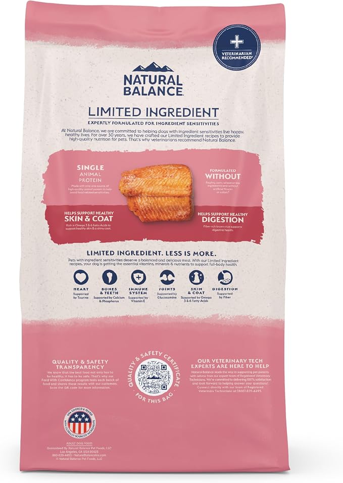 Natural Balance Limited Ingredient Adult Dry Dog Food with Healthy Grains, Salmon & Brown Rice Recipe, 24 Pound (Pack of 1) | Dry Dog Food with Wholesome Grains, Balanced Nutrition for Adult Dogs with Sensitivities, Skin and Stomach Support
