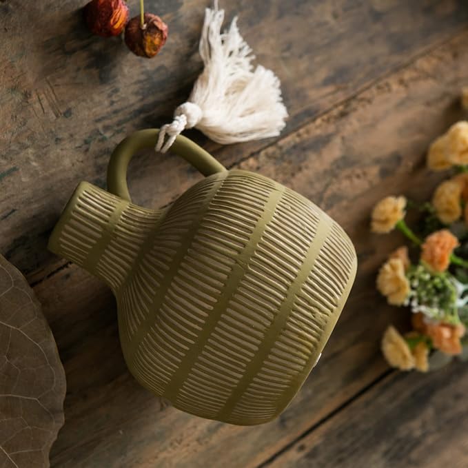 Mowtanco Farmhouse Vase with Handle and Tassel, Grey Yellow Vertical Stripes Design Clay Vase 10'' Tall - Ceramic Flower Vase for Rustic Home Decor, for Fireplace Kitchen Living Room Centerpieces