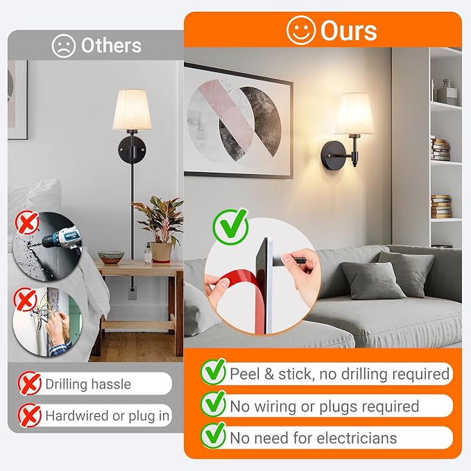 YHCDLAMP Peel and Stick Wall Sconces, No Drilling Stick On Wall Sconce, Wireless Battery Operated Wall Lights, Adhesive Wall Lamp with 10000mAh Battery Bulb for Bedroom Living Room Decor