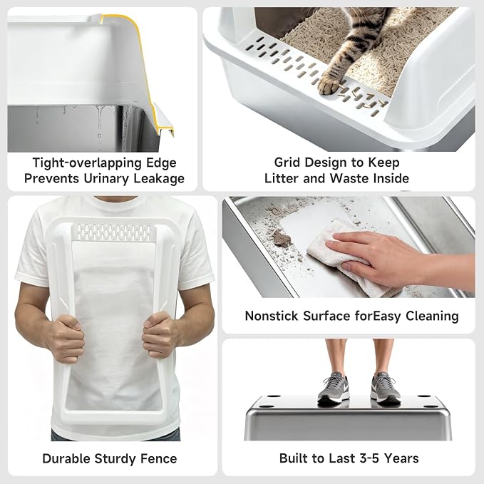 High-Sided Stainless Steel XL Cat Litter Box for Cats | High-Sided Design Prevents Urine Leakage,Non-Stick,Easy to Clean,Includes Scoop,White