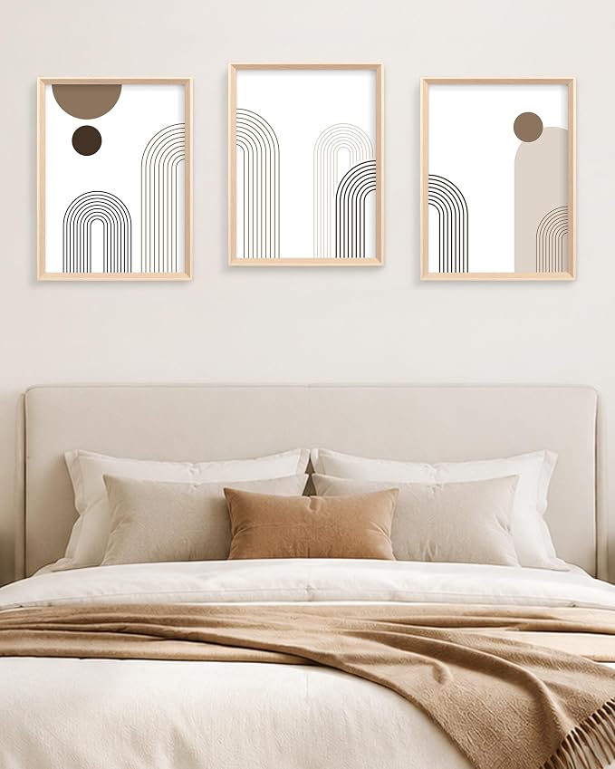 HesenDot Boho Neutral Framed Wall Art, Abstract Line Canvas Prints | 12x16IN Set of 3, High Framed Wood Design Prints, Mid Century Minimalist Wall Decor for Living Room Bedroom Bathroom Office