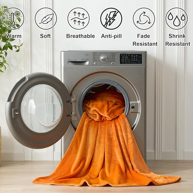 Hansleep Queen Orange Fleece Blanket, Soft Flannel Bed Blanket | Fuzzy Cozy Blanket 90x90 Inches, Multi-use for Bed, Sofa, Couch, Travel, Camping, All Season Warm Lightweight Cover
