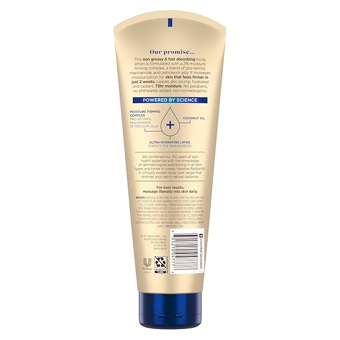 Vaseline Radiant X Firm & Restore with Pro-Retinol, Niacinamide & Coconut Oil, Nourishing Body Lotion 8 oz