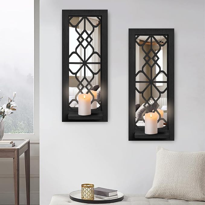 ZEXUIRU 2 Set Rustic Candle Sconces Living Room Bedroom Entryway Wood Mirrored, Farmhouse, Carved Frame Wall-Mount Wooden Candle Holders Wall Decor Hanging Handmade Holder - Black