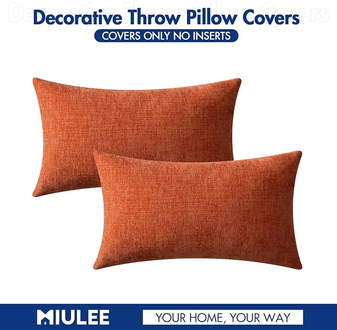 MIULEE Soft Chenille Fall Lumbar Throw Pillow Covers Rust 12x20 Pack of 2 | Modern Fall Home Decor, Classic Decorative Pillows, Solid Dyed Cases, Boho Couch Cushion Covers for Sofa Bed Living Room