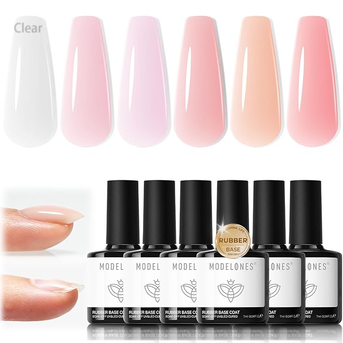 modelones Rubber Base Builder Nail Gel Polish, 6 Color Clear Nude Milky Baby Pink Jelly Brown 6 in One Strengthener Apex Building Extension for Weak Nails Long Last U V French Manicure Gift for Women