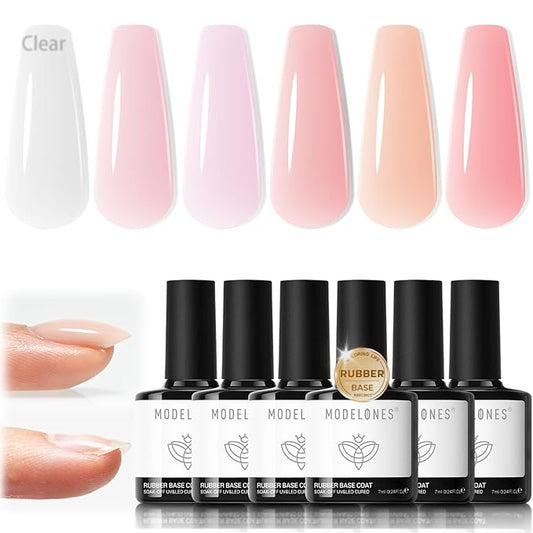 modelones Rubber Base Builder Nail Gel Polish, 6 Color Clear Nude Milky Baby Pink Jelly Brown 6 in One Strengthener Apex Building Extension for Weak Nails Long Last U V French Manicure Gift for Women