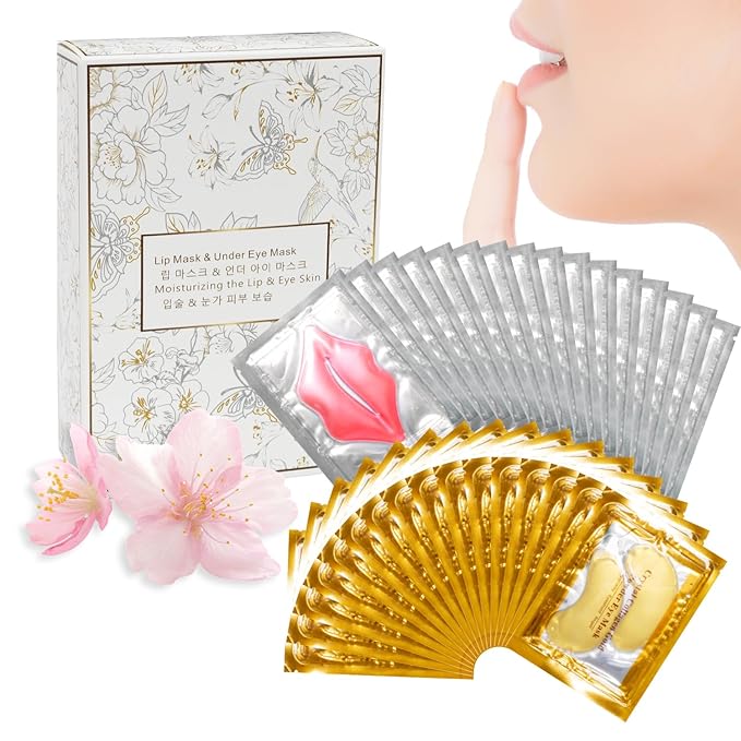 30 Pairs Lip Masks & Eye Masks, 24K Gold Crystal Gel Collagen Eye Pads, Under Eye Patches for Puffy Eyes, Dark Circles, Bachelorette Party Favors, Bridesmaid Gifts, Wrinkles and Fine Lines