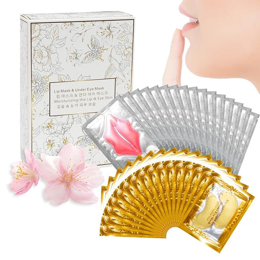 30 Pairs Lip Masks & Eye Masks, 24K Gold Crystal Gel Collagen Eye Pads, Under Eye Patches for Puffy Eyes, Dark Circles, Bachelorette Party Favors, Bridesmaid Gifts, Wrinkles and Fine Lines