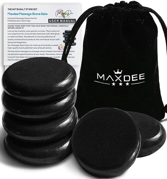 Maxdee Massage Stones Essential Hot Stones for Massage, 6 Large Hot Stones Massage Kit Hot Rocks Massage Stones for Professional or Home Spa, Foot Heater, Relaxing, Healing, Pain Relief, 3.14"