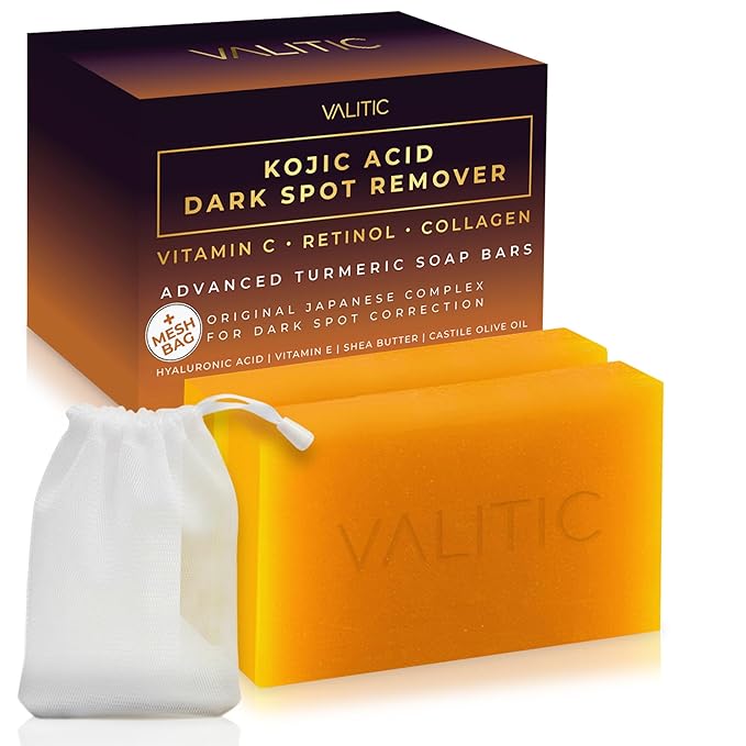 VALITIC Kojic Acid Dark Spot Corrector Soap Bars with Vitamin C, Retinol, Collagen, Turmeric - Original Japanese Complex - Hyaluronic Acid, Vitamin E, Shea Butter, Castile Olive Oil - 2 Pack With Bag