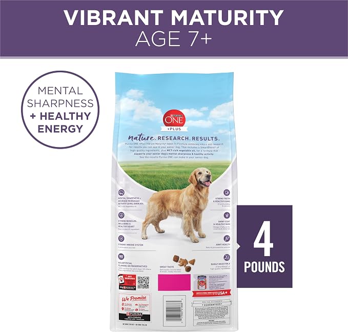 Purina ONE High Protein Dry Senior Dog Food Plus Vibrant Maturity Adult 7 Plus Formula - 4 Pound (Pack of 4) | Vibrant Maturity formula for mature 7+ dogs, real chicken as the first ingredient, promotes metal sharpness in senior dogs