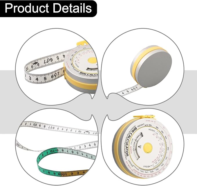 BMI Body Mass Index Retractable Tape Measure, Push-Button Locking Diet Tool for Waist Hip Arm Chest Thigh, Accurate Plastic Ruler for Fitness Tracking, 150cm/200cm(yellow)