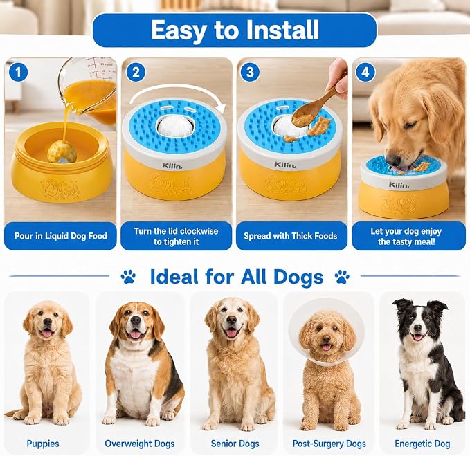 KILIN Slow Feeder Dog Licking Bowl with Rolling Ball,4 Non-Slip Pads,8fl oz